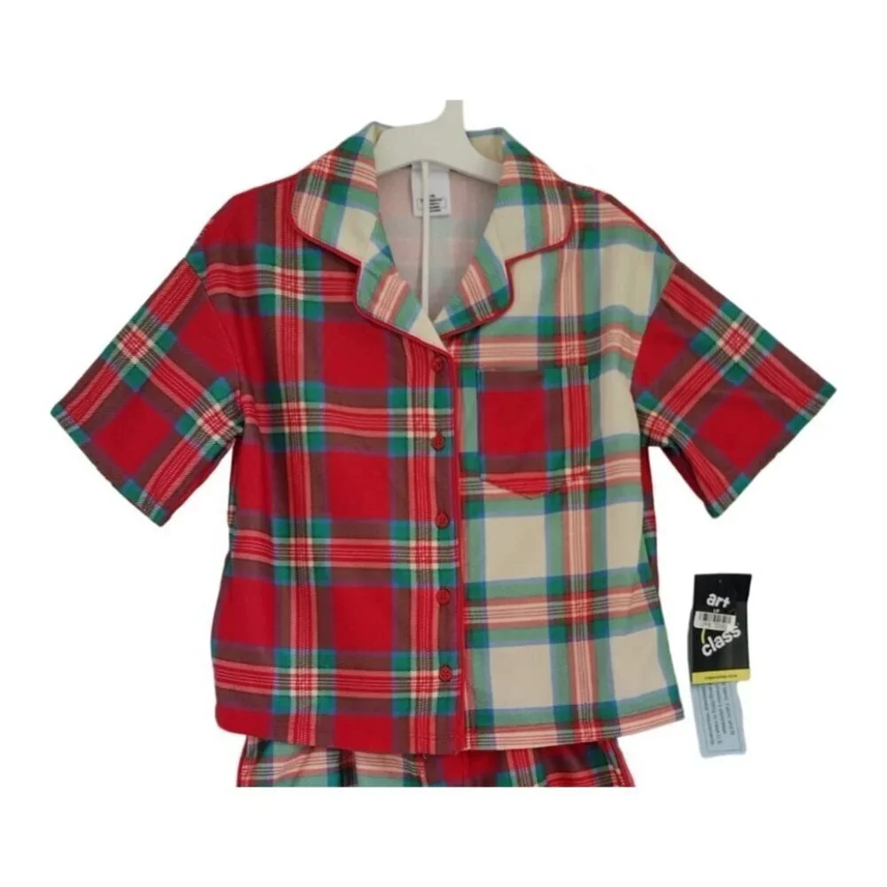Art Class unisex Plaid Pyjama Set, Flame Resistant, Red & Green Size M (8), NWT